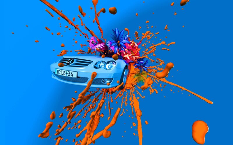 Blue Car with Flowers