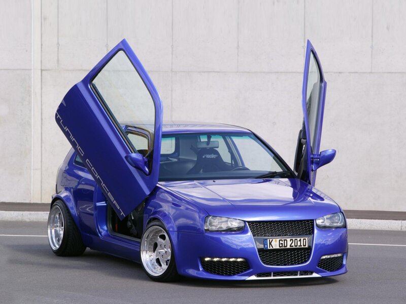Blue car with gullwing doors