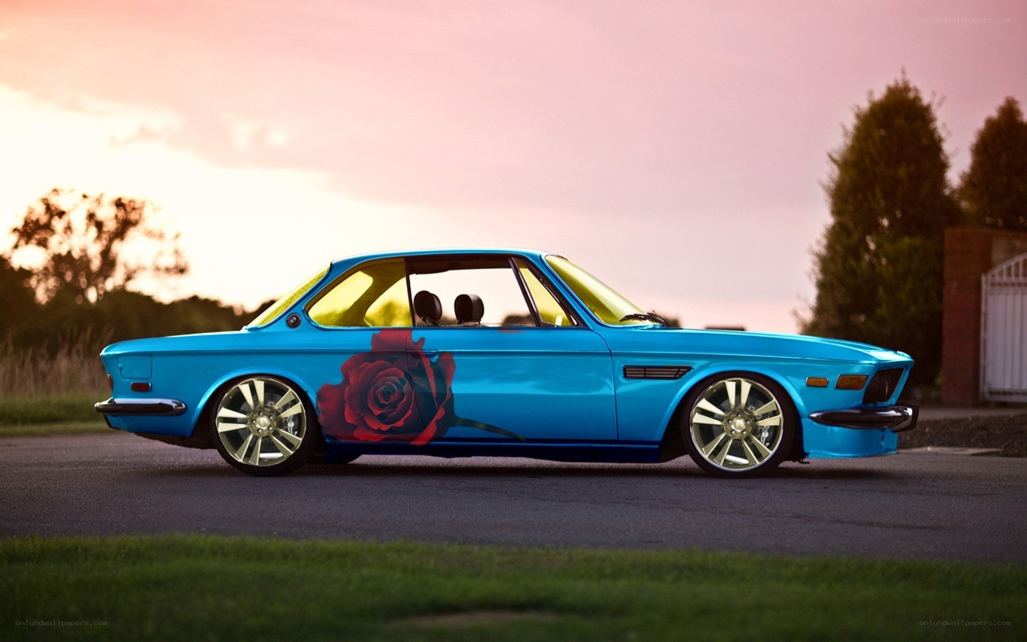 Blue car with rose decal