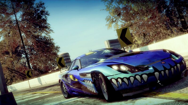 blue car with shark design