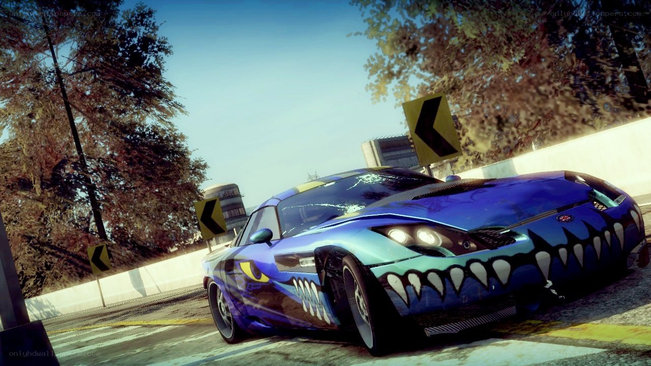 blue car with shark design
