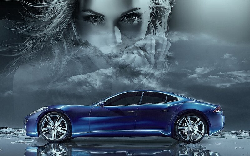Blue car with woman's face