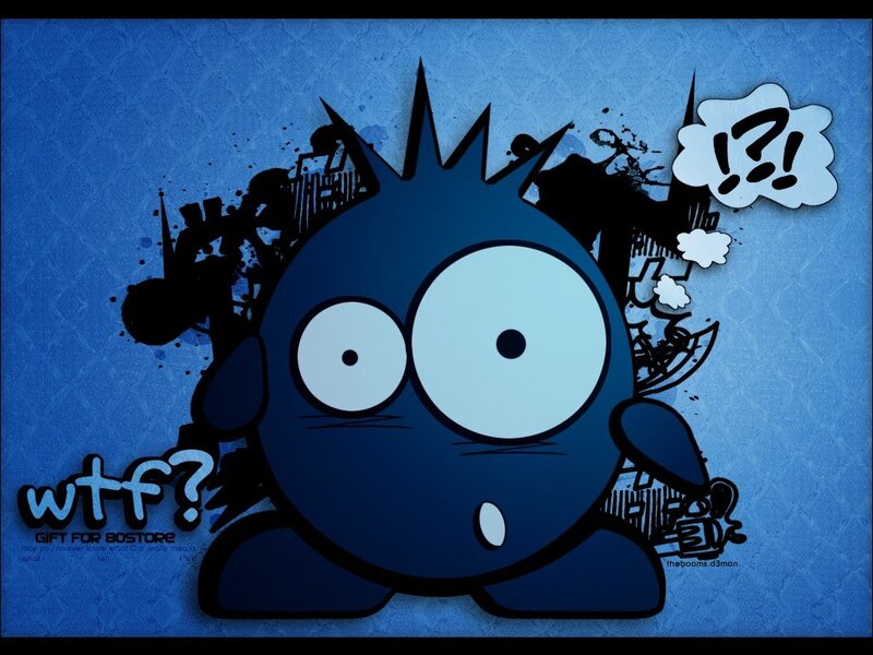 blue cartoon character with question marks