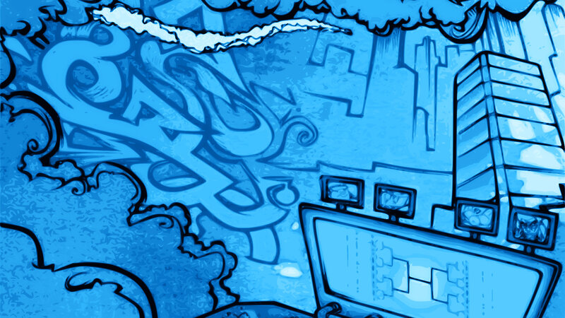 blue cartoon cityscape