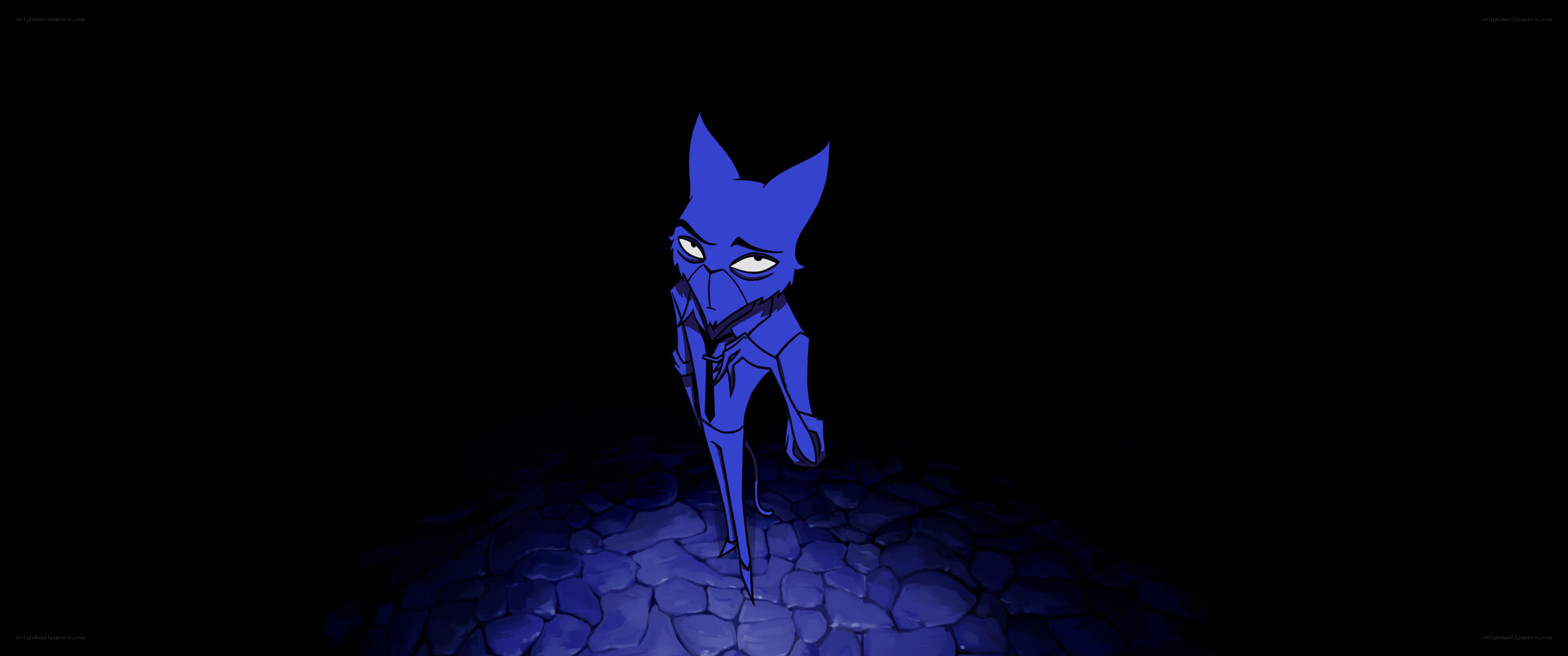 blue cat-like character in dark setting