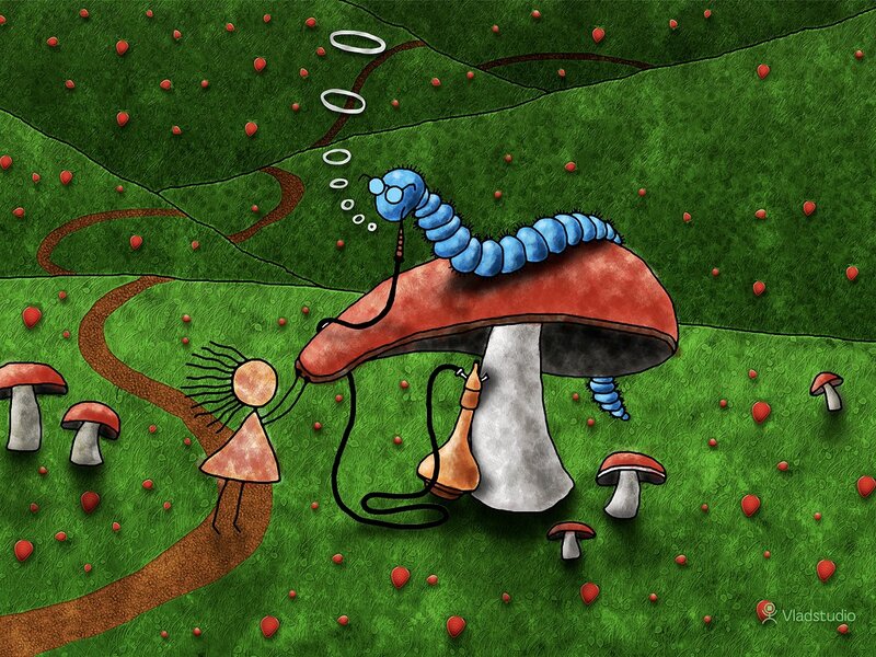 Blue Caterpillar on Mushroom — Green, Whimsical, Digital Art