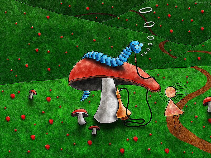 Blue Caterpillar on Mushroom — Green, Whimsical
