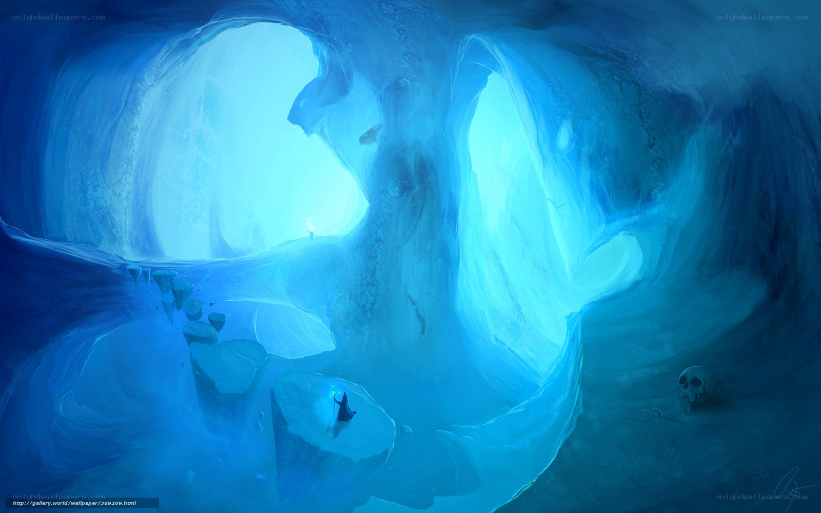 Blue cave with lone traveler