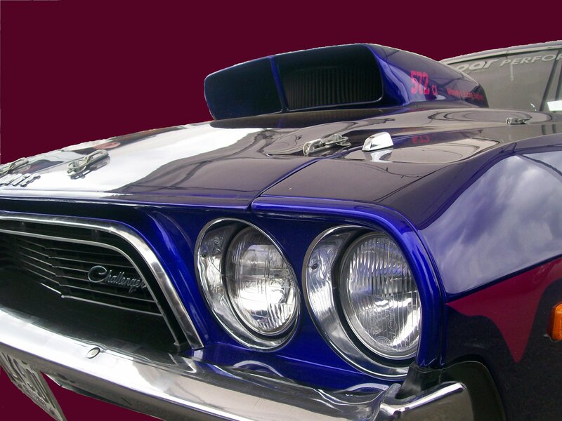 blue challenger with hood scoop