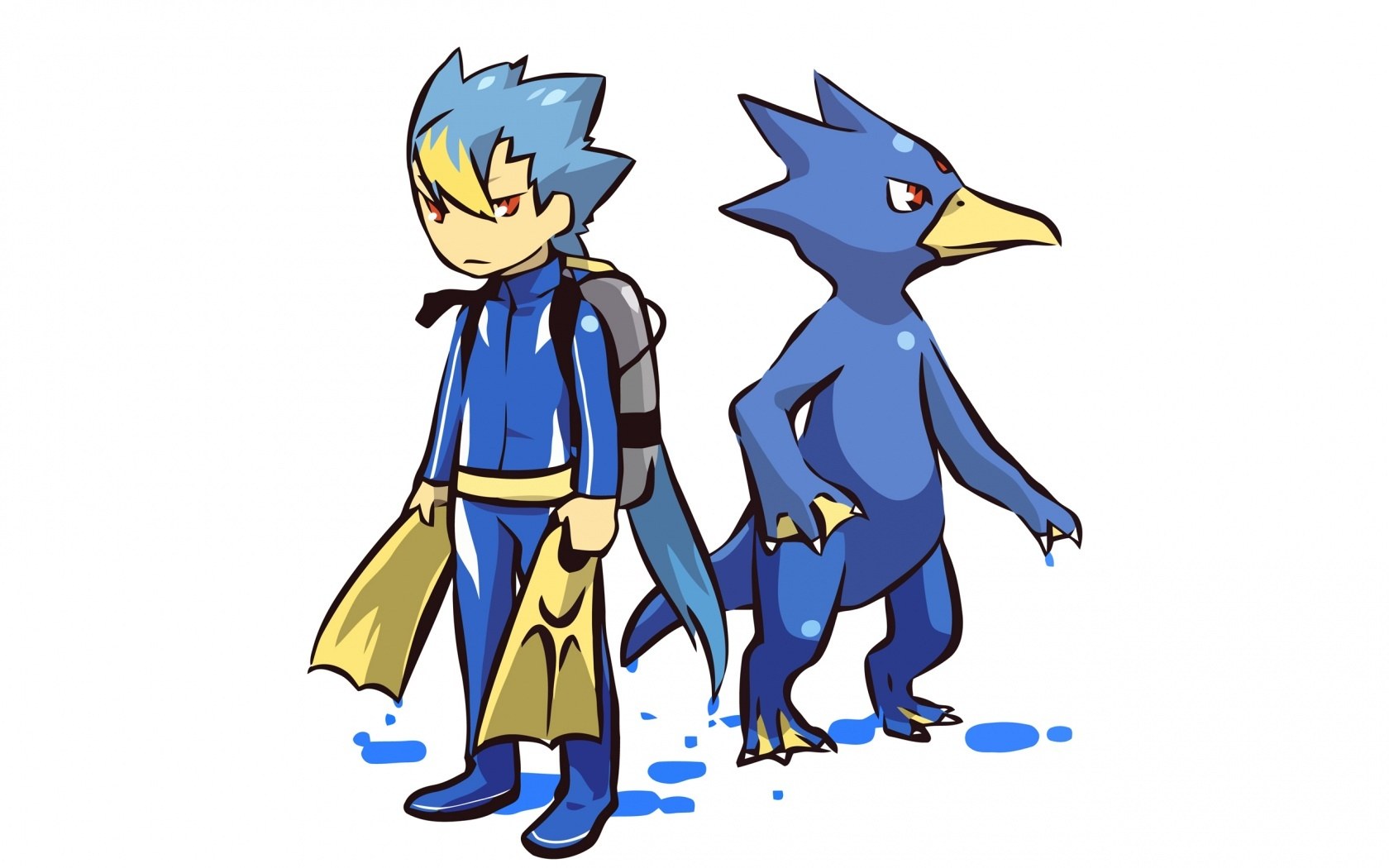 Blue character and bird-like creature