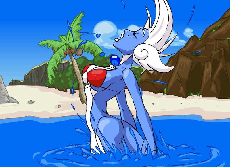 blue character at beach
