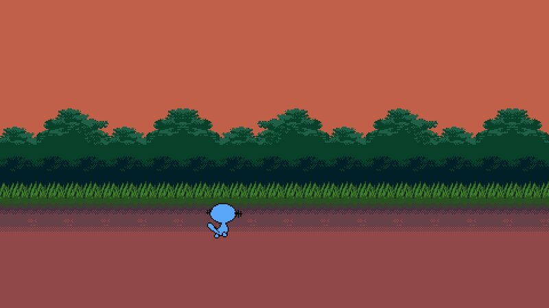 Blue character in pixel art scene