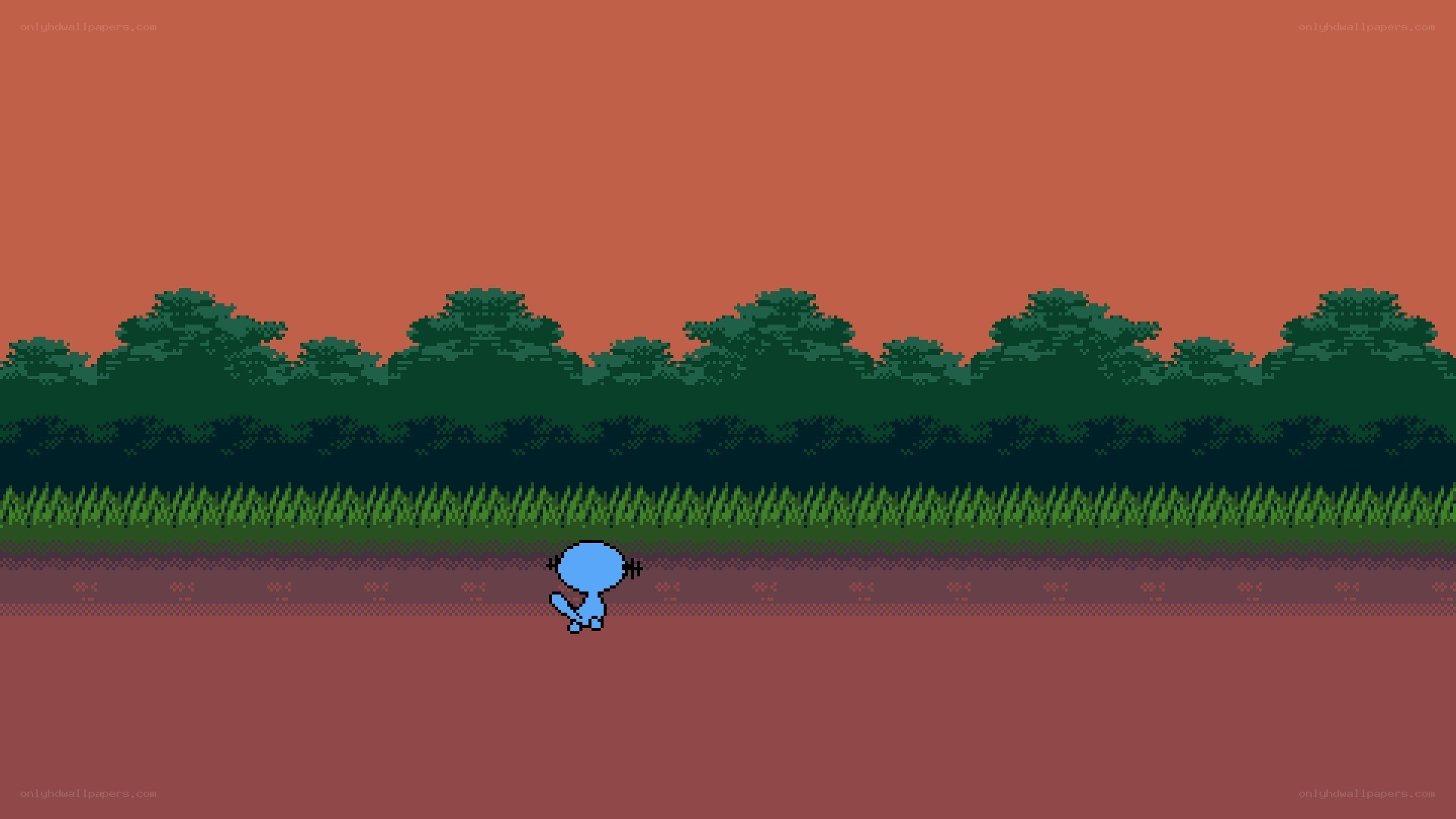 Blue character in pixel art scene