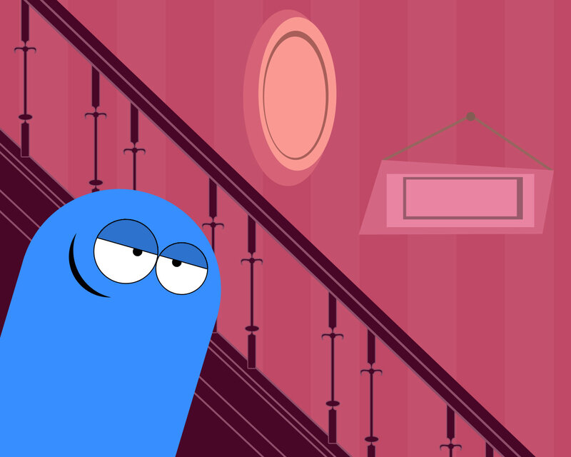blue character on staircase