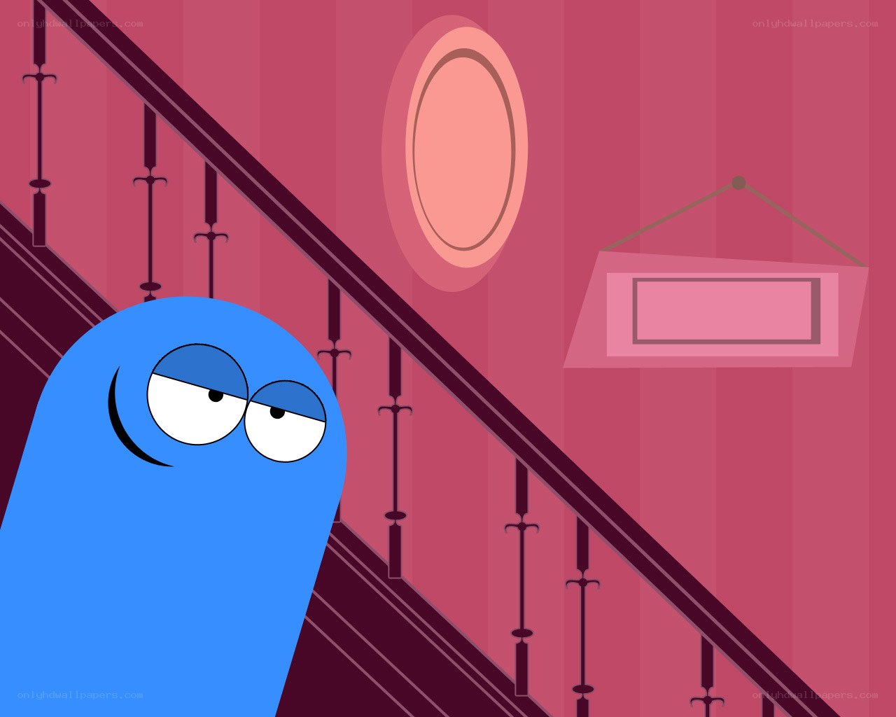 blue character on staircase