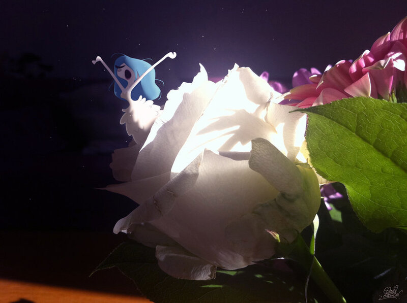 Blue Character on White Rose