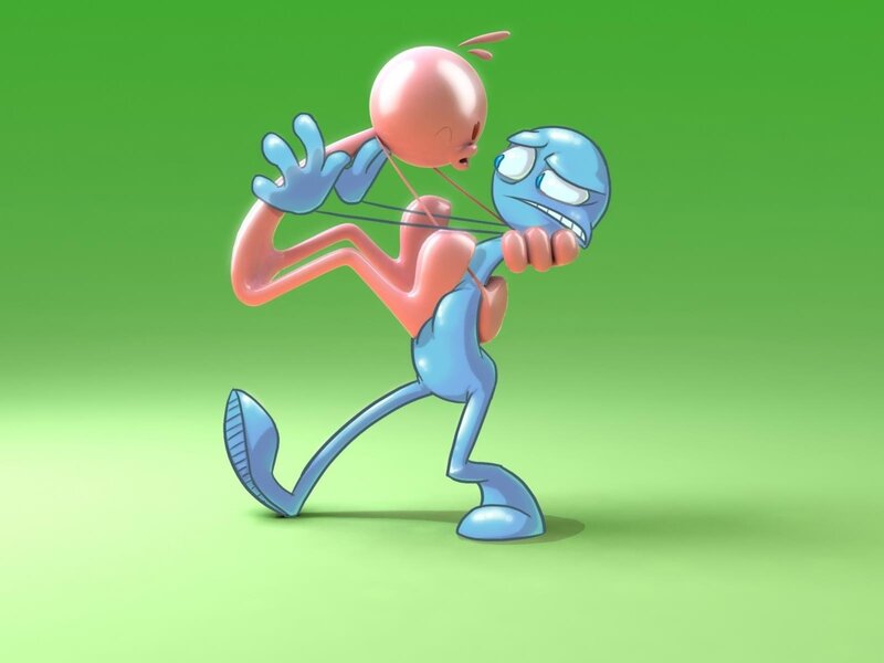 Blue Character Pulling Pink Head — Green