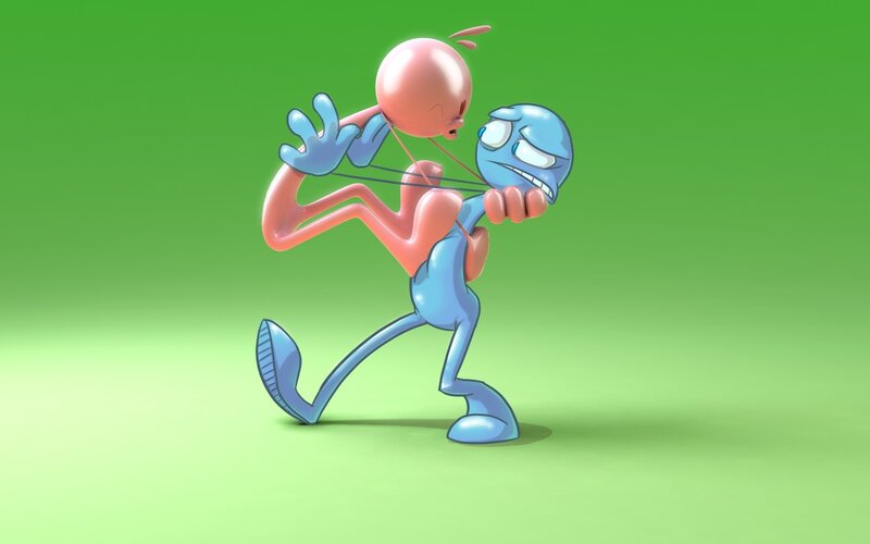 Blue character pulling pink one