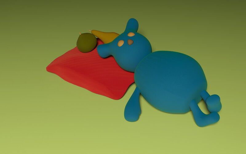blue character resting on red cloth