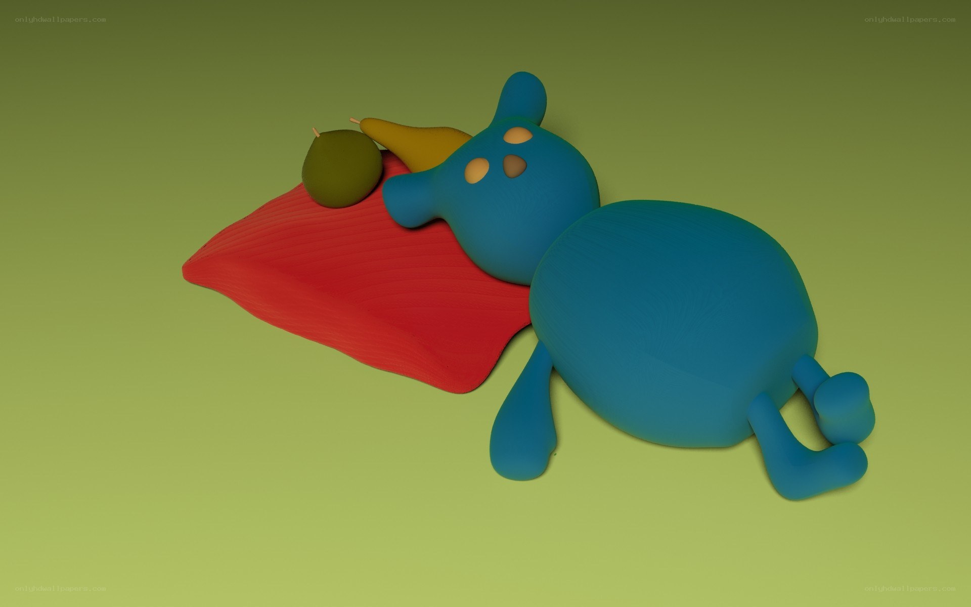 blue character resting on red cloth