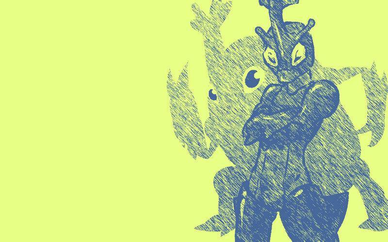 blue character sketch on yellow