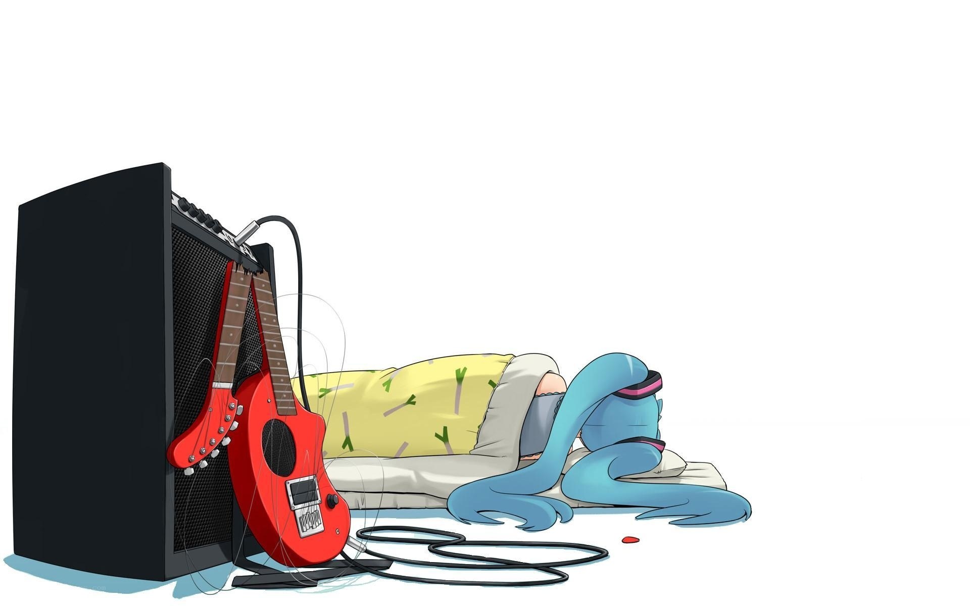 Blue character sleeping with guitar