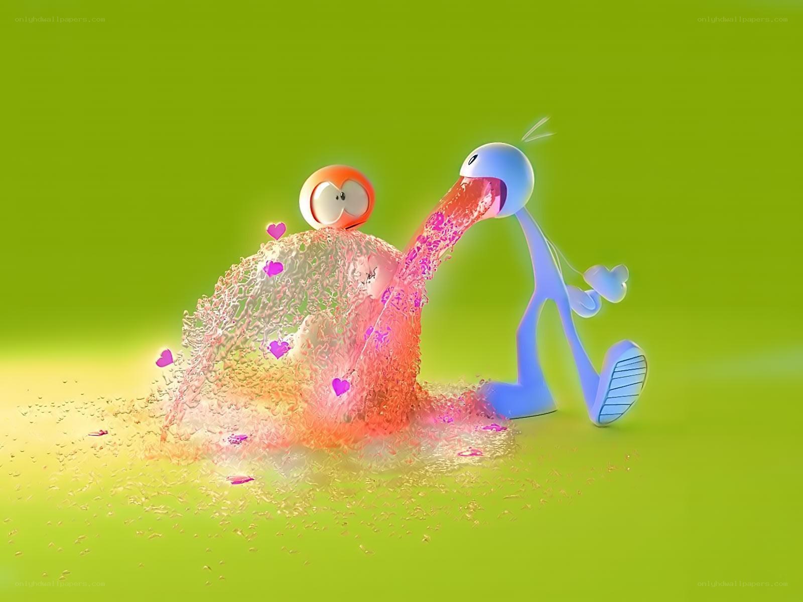 Blue character spitting pink liquid