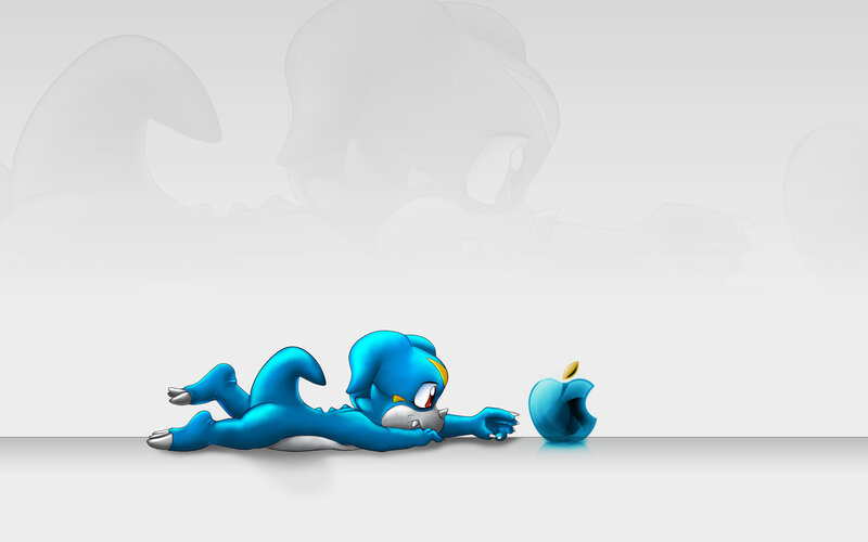 blue character with apple