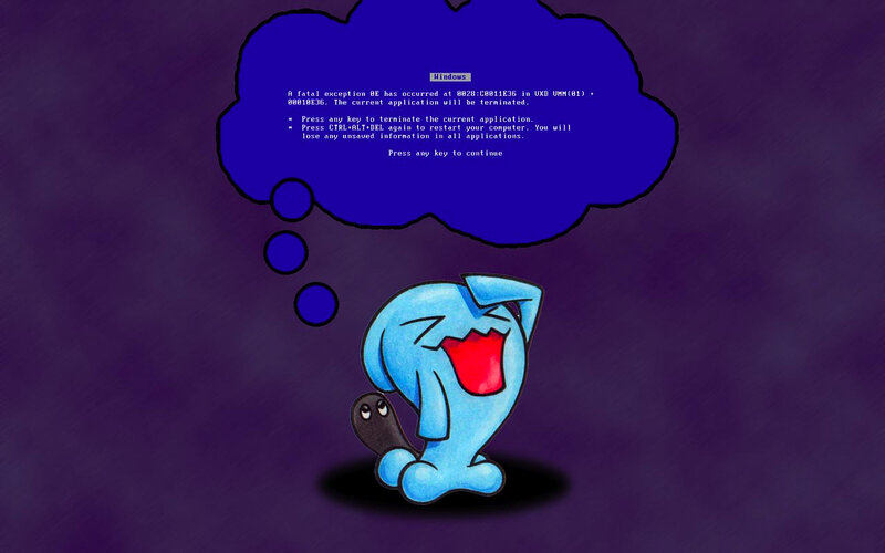 Blue character with error message