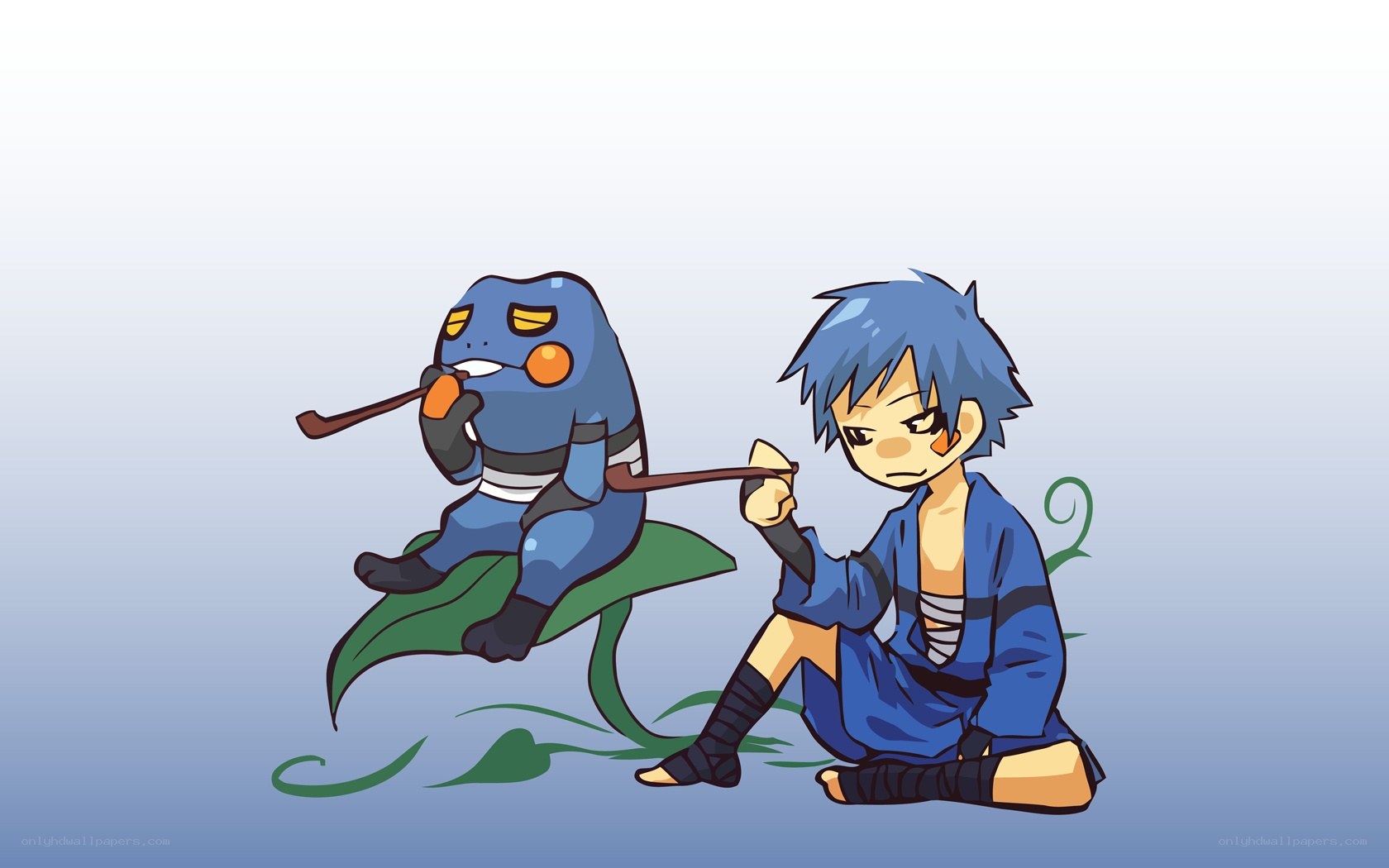 Blue character with frog companion