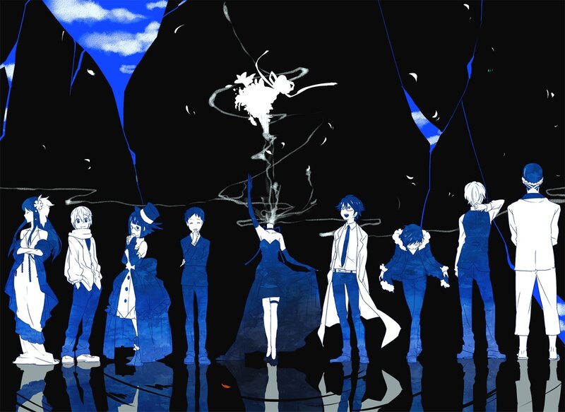 Blue characters in dark setting