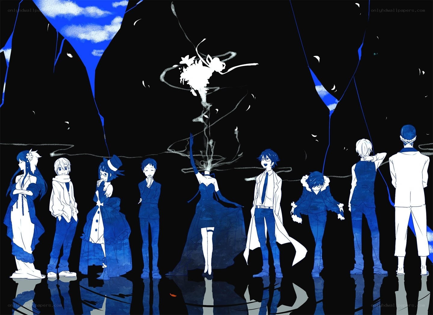 Blue characters in dark setting