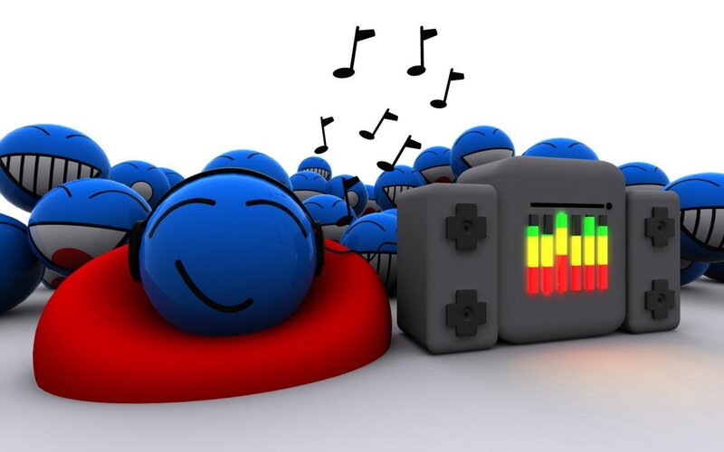 Blue characters listening to music