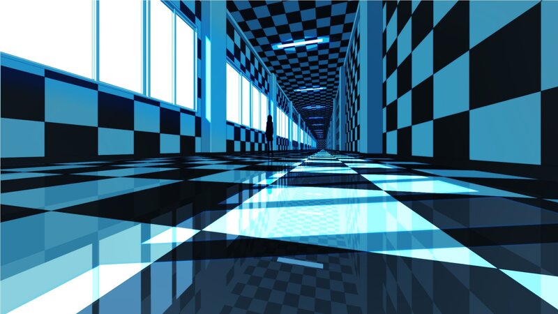 blue checkered corridor