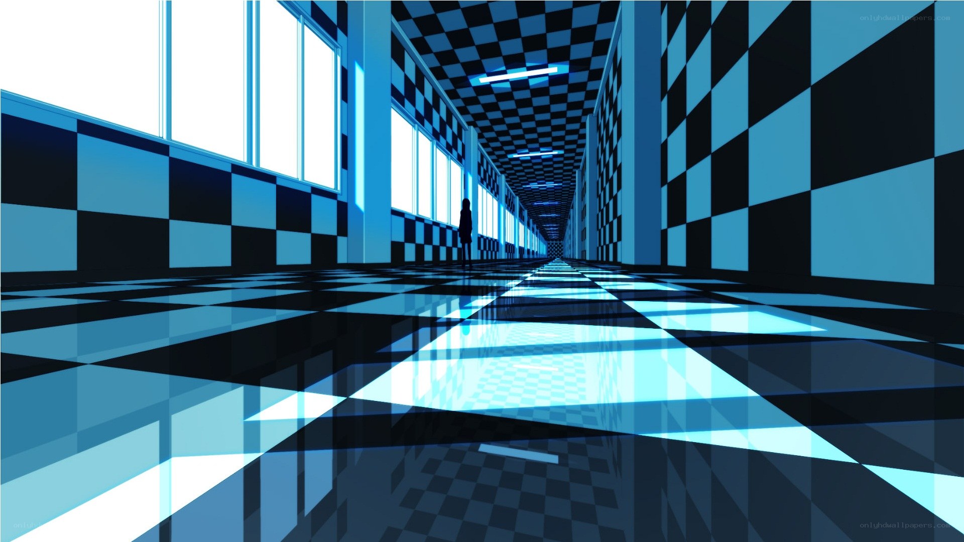 blue checkered corridor