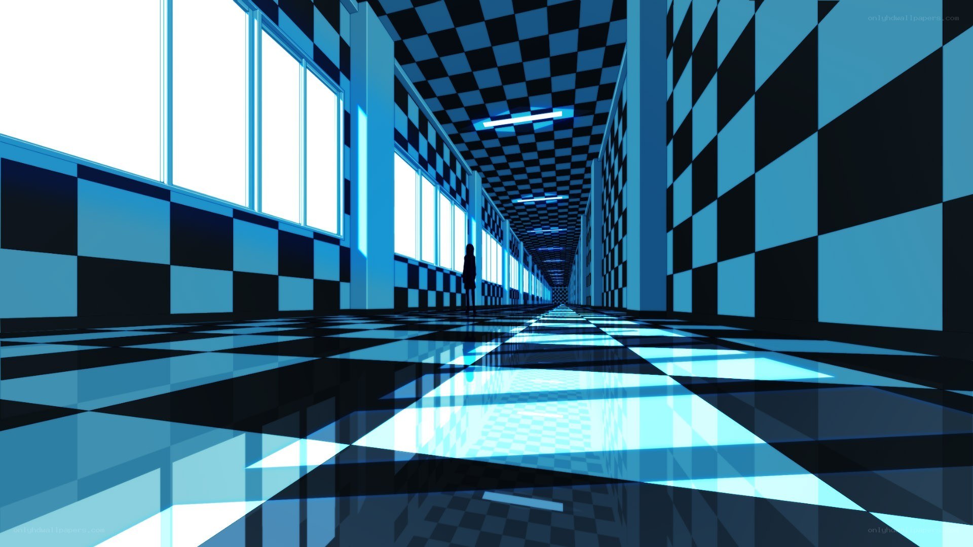 blue checkered hallway