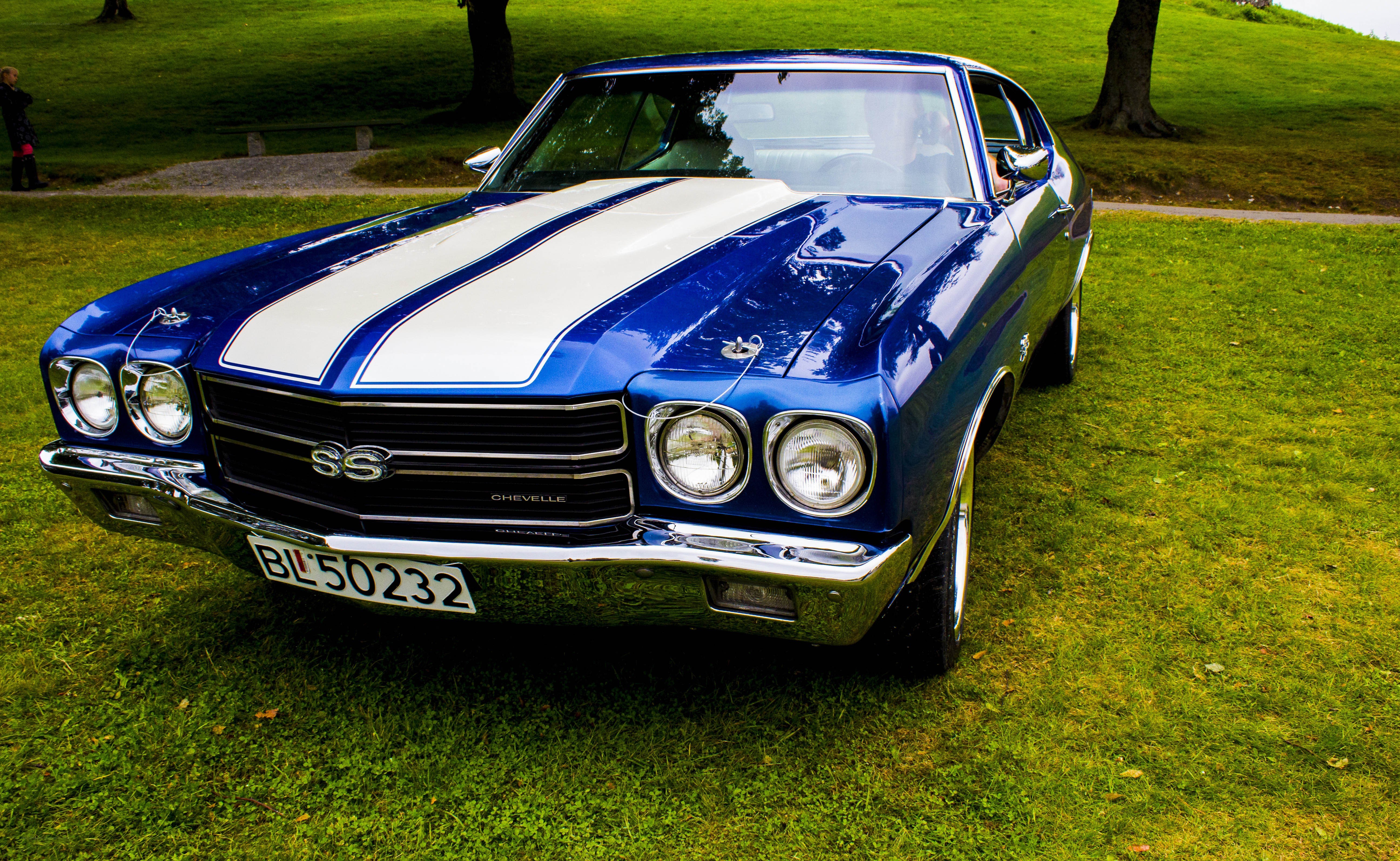 Blue Chevelle with white stripes