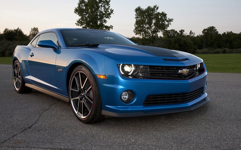 Blue Chevrolet Camaro — Calm, Sunset, Photograph, Car, Road