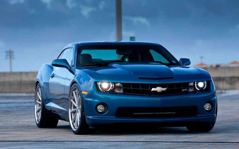 Blue Chevrolet Camaro — Dramatic, Sunset, Photograph, Car, Road, Sky