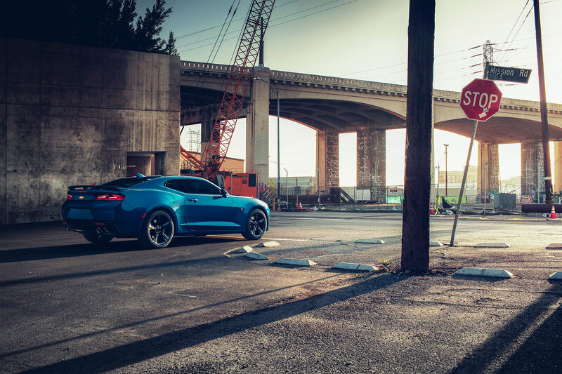Blue Chevrolet Camaro — Dramatic, Sunset, Photograph, Stop Sign
