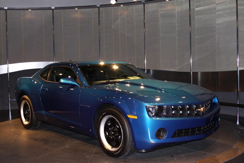 Blue Chevrolet Camaro on display