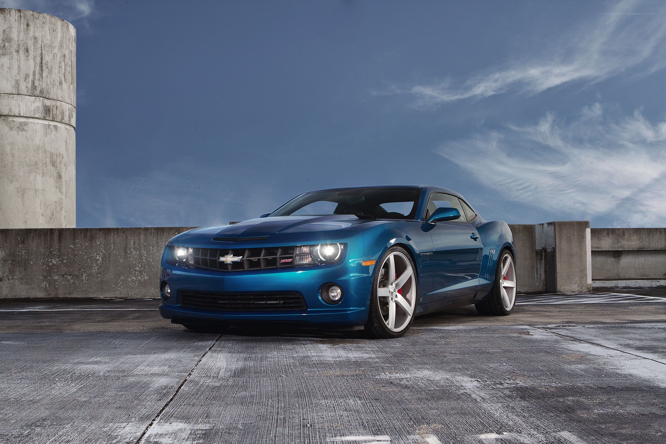 Blue Chevrolet Camaro on rooftop