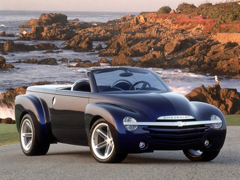 Blue Chevrolet concept car by the coast