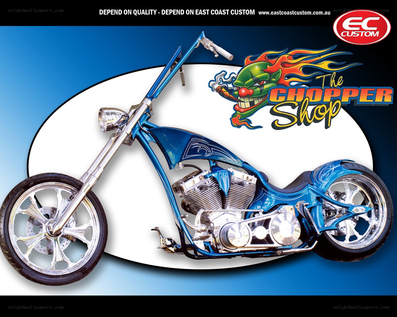 Blue chopper motorcycle ad