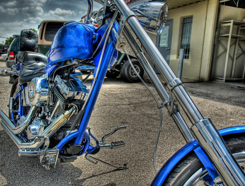 Blue Chopper Motorcycle — Dramatic, Afternoon