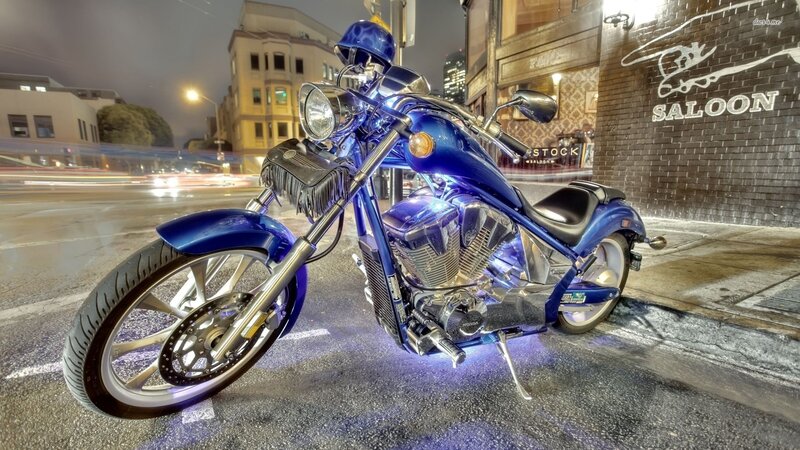Blue Chopper Motorcycle — Dramatic, Night