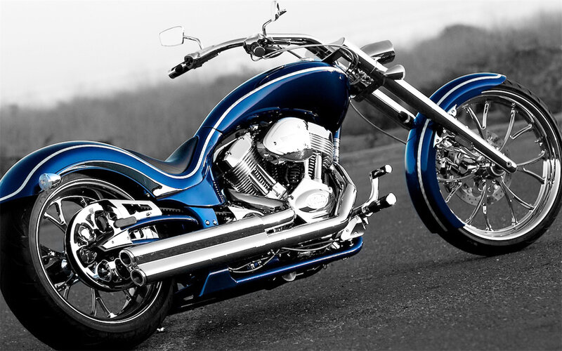 Blue Chopper Motorcycle — Dramatic, Photograph, Engine