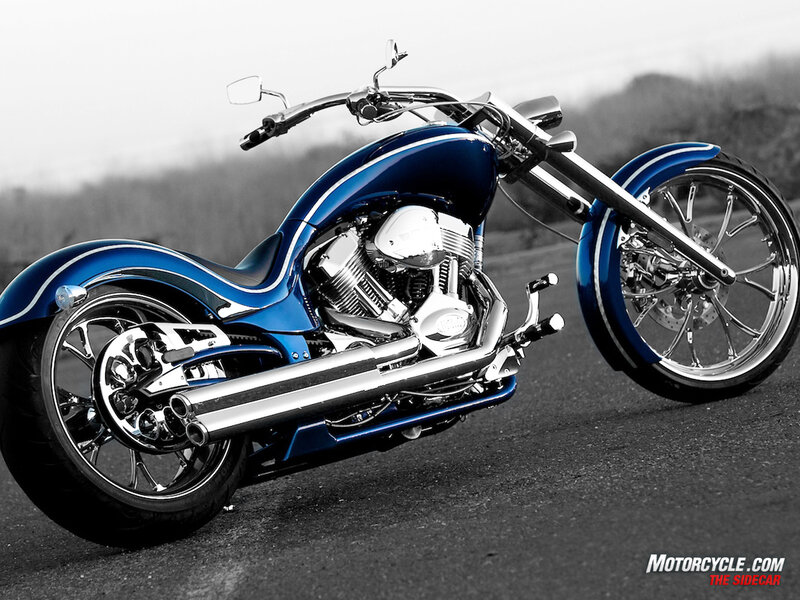 Blue Chopper Motorcycle — Dramatic, Photograph, Handlebars