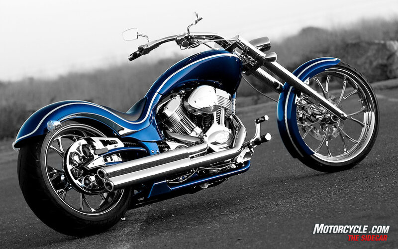 Blue Chopper Motorcycle — Dramatic, Photograph, Road