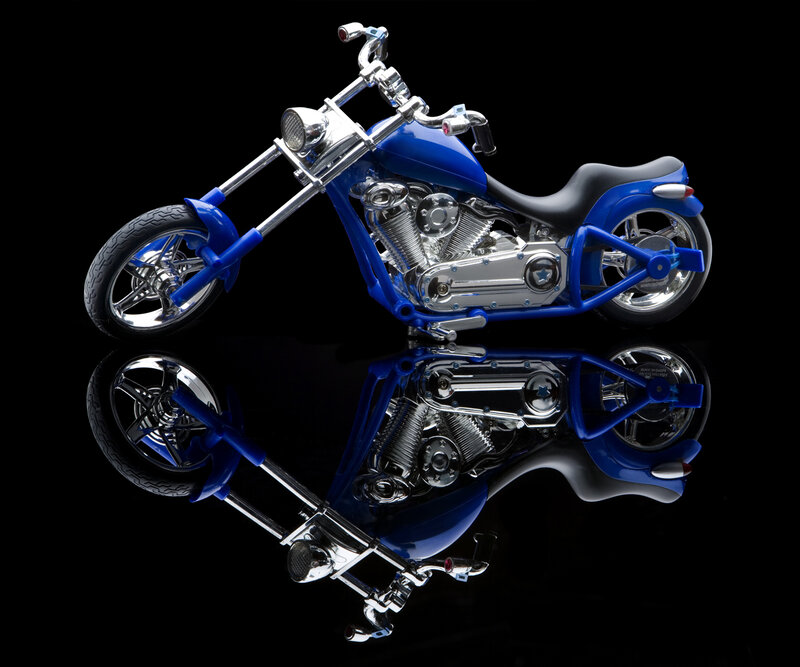Blue Chopper Motorcycle — Dramatic, Photograph, Seat